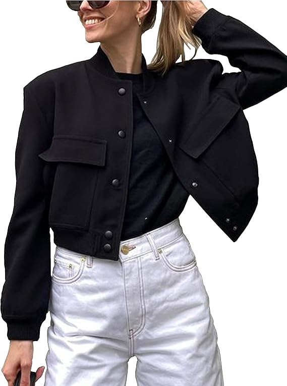 Megfie Womens Cropped Bomber Jacket Button Down Varsity Jackets Shackets with Pockets