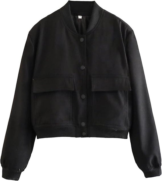 Megfie Womens Cropped Bomber Jacket Button Down Varsity Jackets Shackets with Pockets