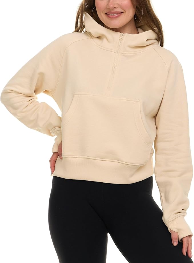 Womens Half Zip Hoodie - Fleece Cropped Sweatshirt for Women, Quarter Zip Up Pullover