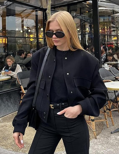 Megfie Womens Cropped Bomber Jacket Button Down Varsity Jackets Shackets with Pockets